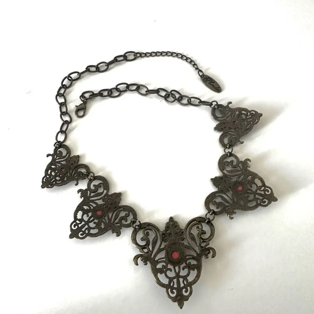 Plunder copper tone orange blue statement necklace